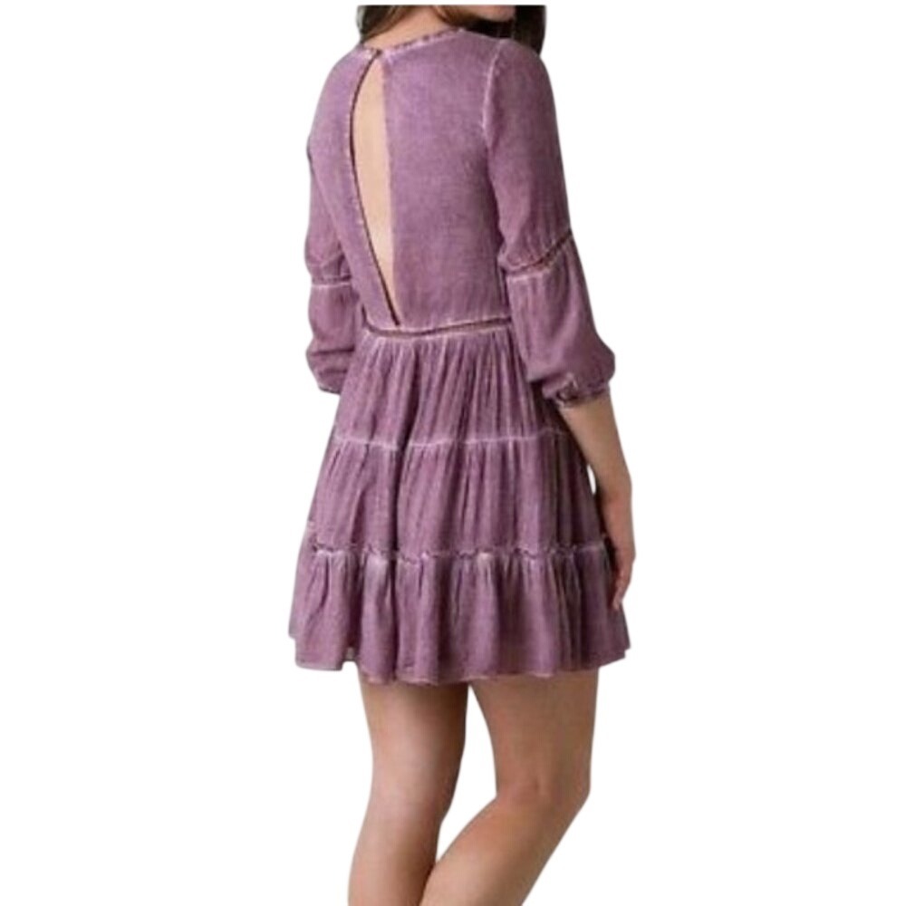 Mauve‎ Tiered Ruffle Long Sleeve Mini Dress Small Cottage Fairy Whimsical Boho